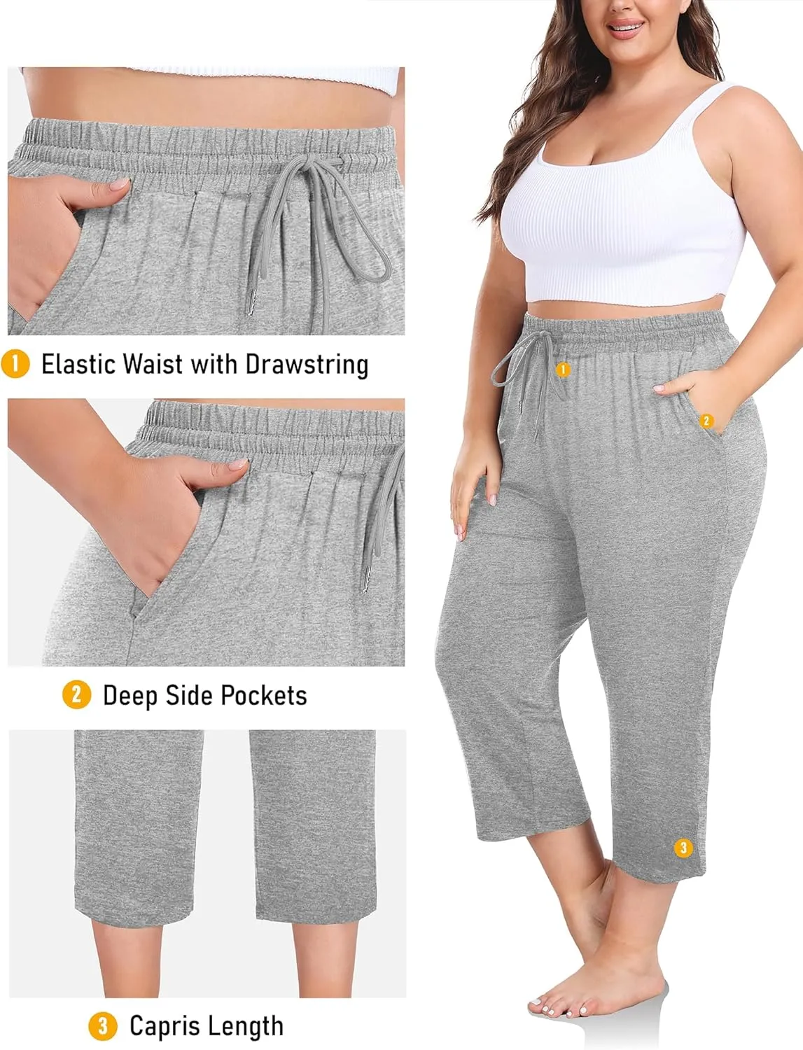 FOREYOND Plus Size Capri Pants for Women Loose Fit Yoga Pants Wide Leg Drawstring Sweat Pants Active Casual with Pockets