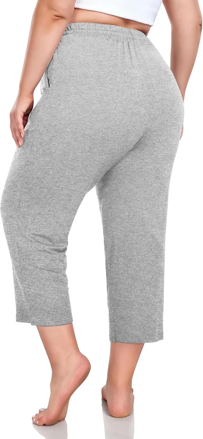 FOREYOND Plus Size Capri Pants for Women Loose Fit Yoga Pants Wide Leg Drawstring Sweat Pants Active Casual with Pockets