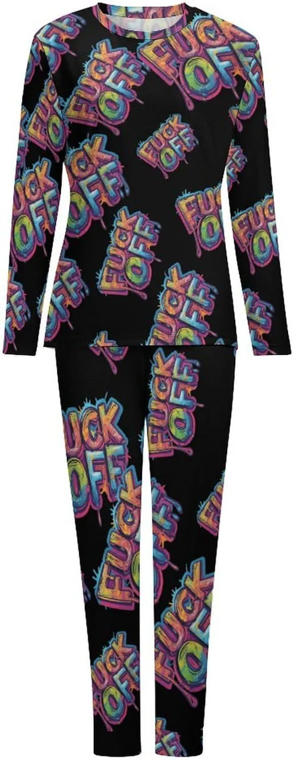 Fuck Off Women's Pajama Set Long Sleeve Sleepwear Soft Nightwear Pjs Sets Loungewear with Pockets