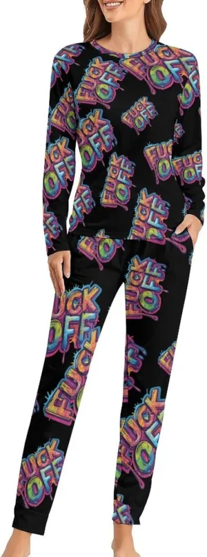 Fuck Off Women's Pajama Set Long Sleeve Sleepwear Soft Nightwear Pjs Sets Loungewear with Pockets