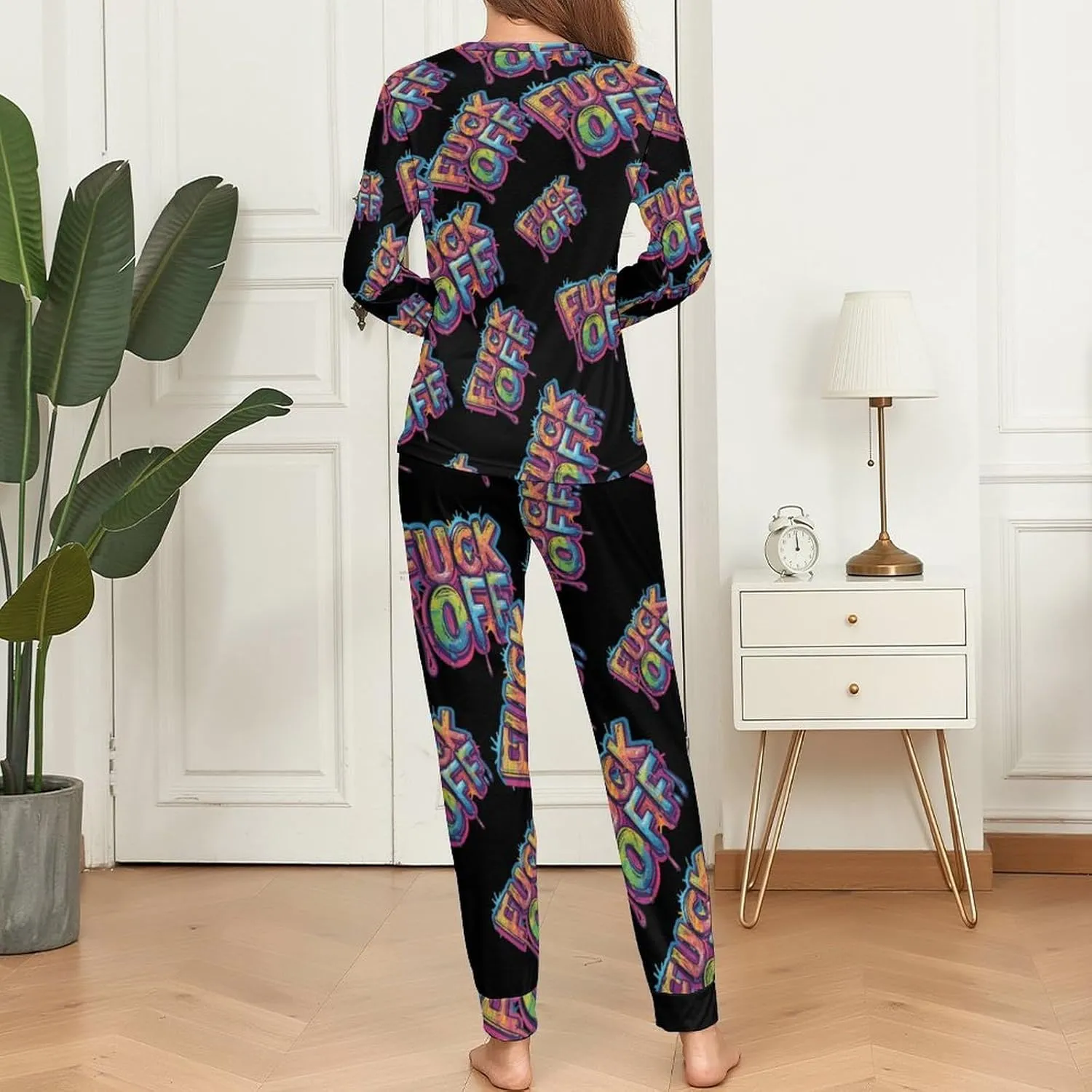 Fuck Off Women's Pajama Set Long Sleeve Sleepwear Soft Nightwear Pjs Sets Loungewear with Pockets