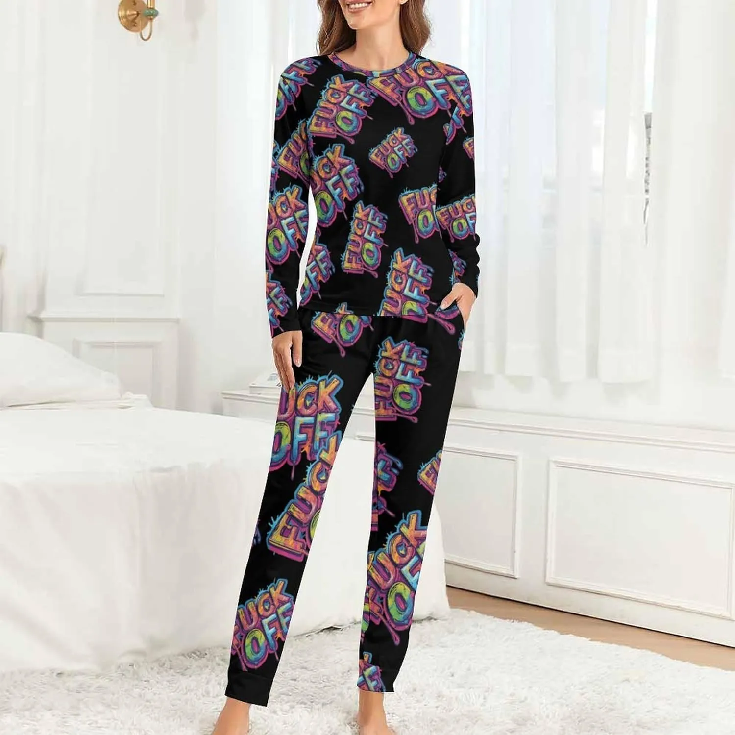 Fuck Off Women's Pajama Set Long Sleeve Sleepwear Soft Nightwear Pjs Sets Loungewear with Pockets
