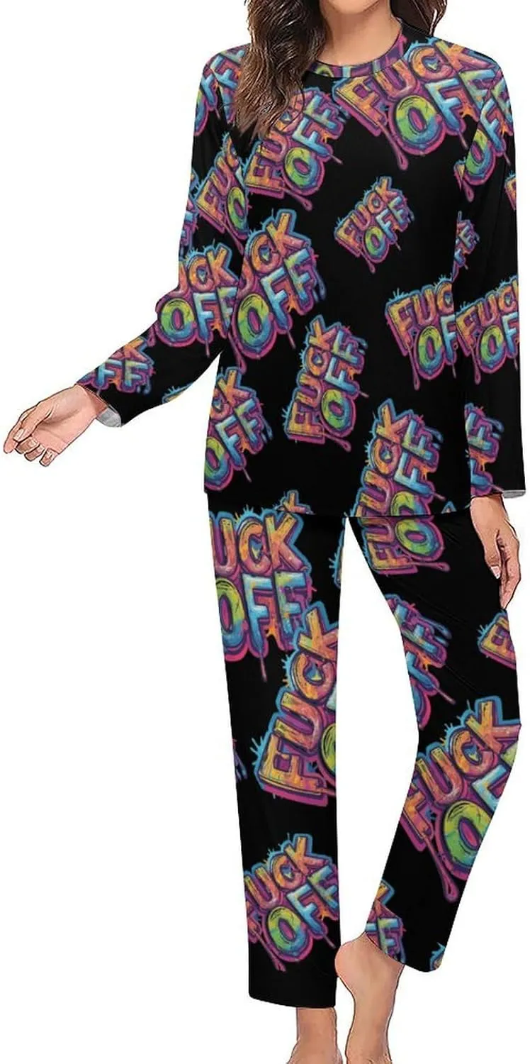Fuck Off Women's Pajama Set Long Sleeve Sleepwear Soft Nightwear Pjs Sets Loungewear with Pockets