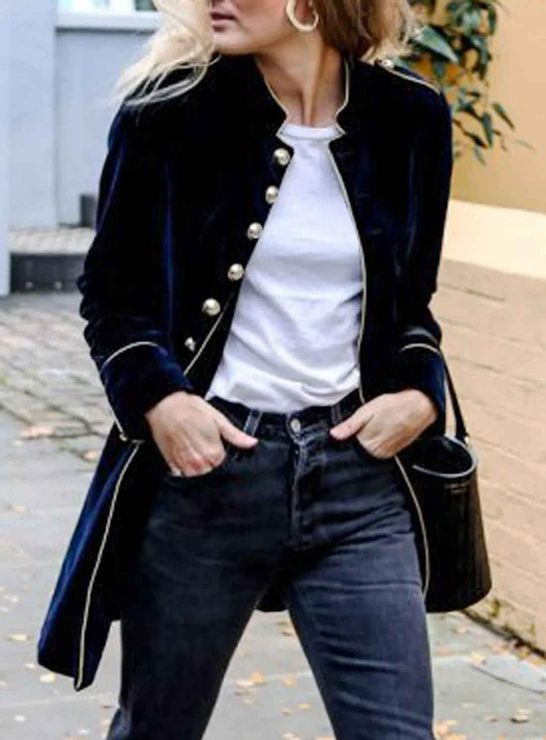 futurino Women's Velvet Jacket for Long Sleeve Single-Breasted Stand-up Collar Solid Warm Velvet Outwear Front Cardigan Coat