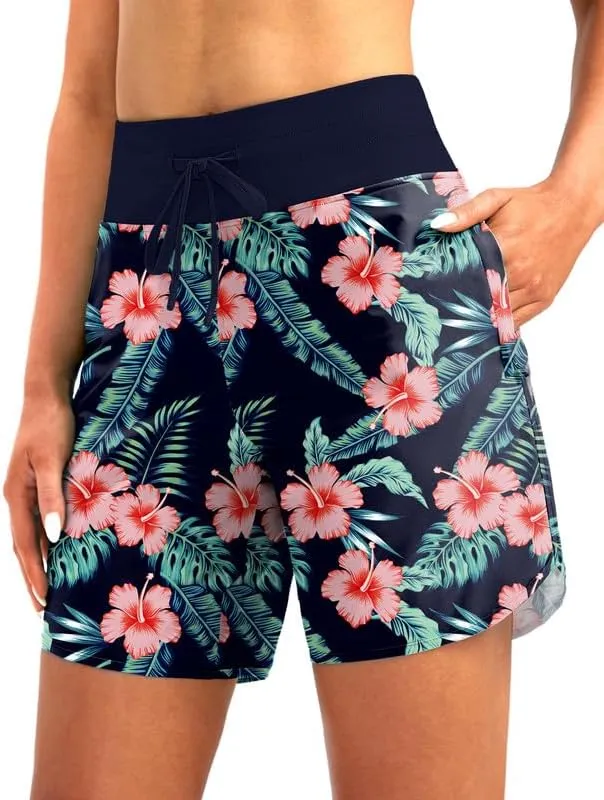G Gradual Women's 7" Quick Dry High Waisted Swim Board Shorts with Zipper Pockets UPF 50  Beach Shorts for Women with Liner
