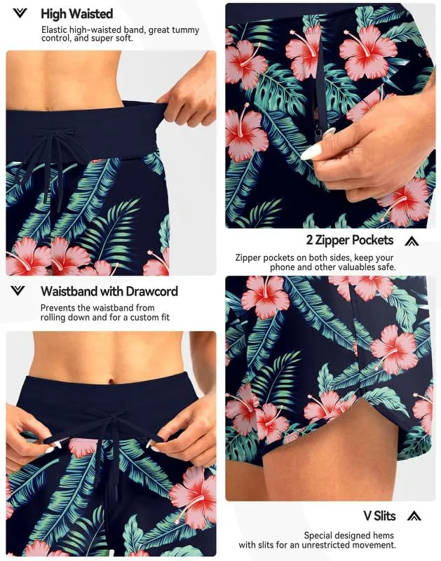 G Gradual Women's 7" Quick Dry High Waisted Swim Board Shorts with Zipper Pockets UPF 50  Beach Shorts for Women with Liner