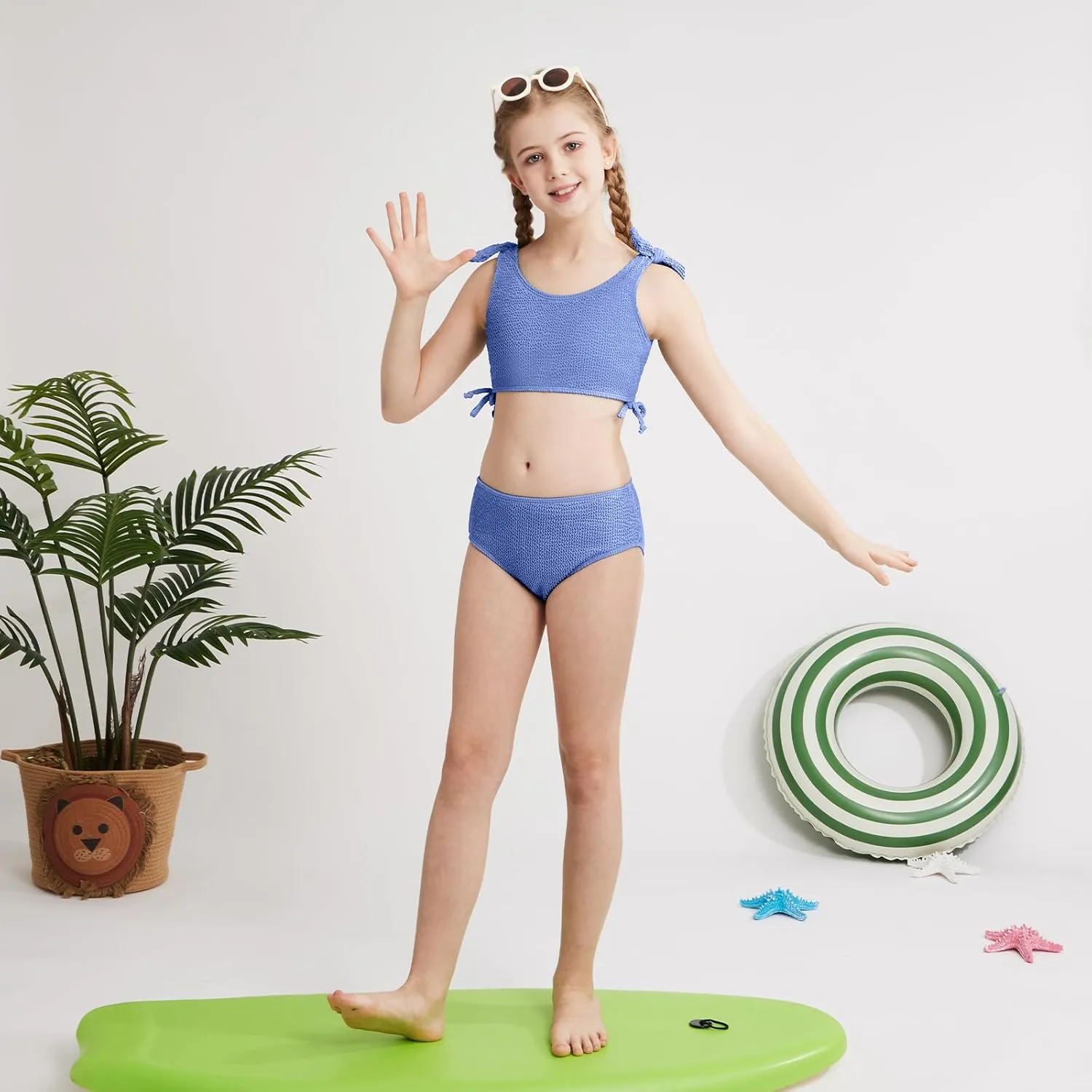 Girls 2 Pieces Swimsuits Solid Swimwear Bowknot Shoulder Strapes Bikini Set 9-16 Years Teen Girl Summer Bathing Suit