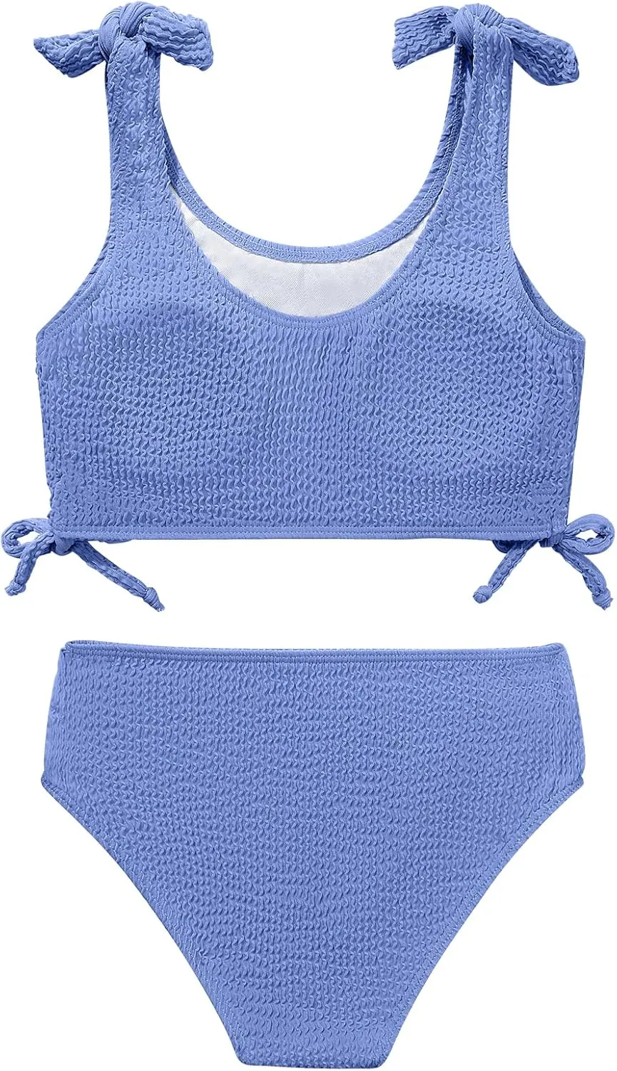 Girls 2 Pieces Swimsuits Solid Swimwear Bowknot Shoulder Strapes Bikini Set 9-16 Years Teen Girl Summer Bathing Suit