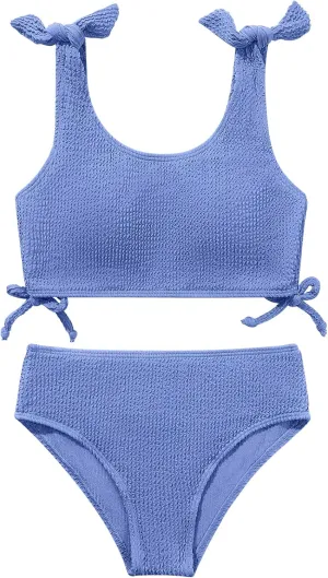 Girls 2 Pieces Swimsuits Solid Swimwear Bowknot Shoulder Strapes Bikini Set 9-16 Years Teen Girl Summer Bathing Suit