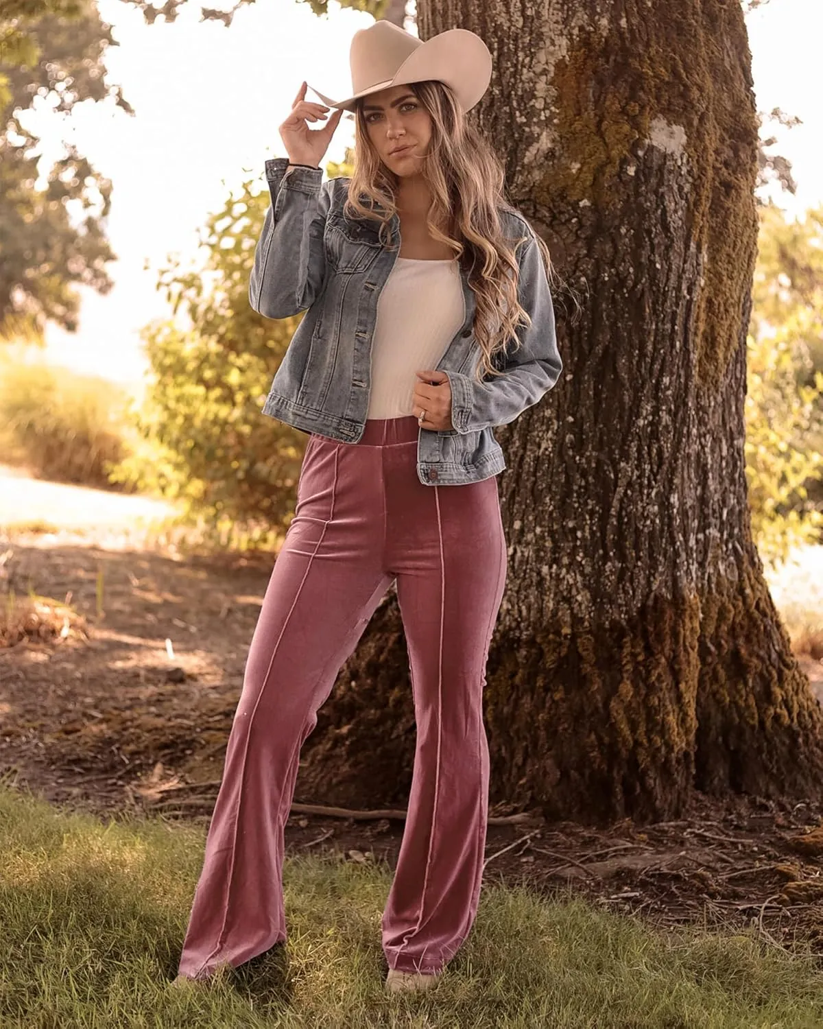 GRAPENT Flare Velvet Pants for Women High Waisted Wide Leg Stretch Elastic Waist Pull On Trousers Front Seam Slacks