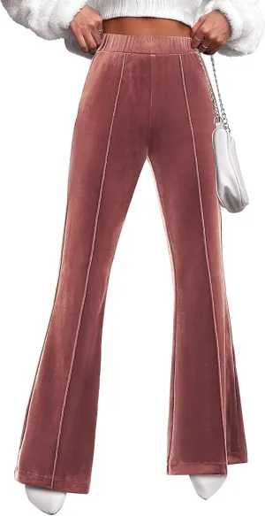 GRAPENT Flare Velvet Pants for Women High Waisted Wide Leg Stretch Elastic Waist Pull On Trousers Front Seam Slacks