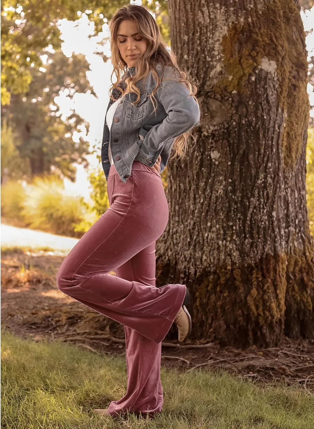 GRAPENT Flare Velvet Pants for Women High Waisted Wide Leg Stretch Elastic Waist Pull On Trousers Front Seam Slacks