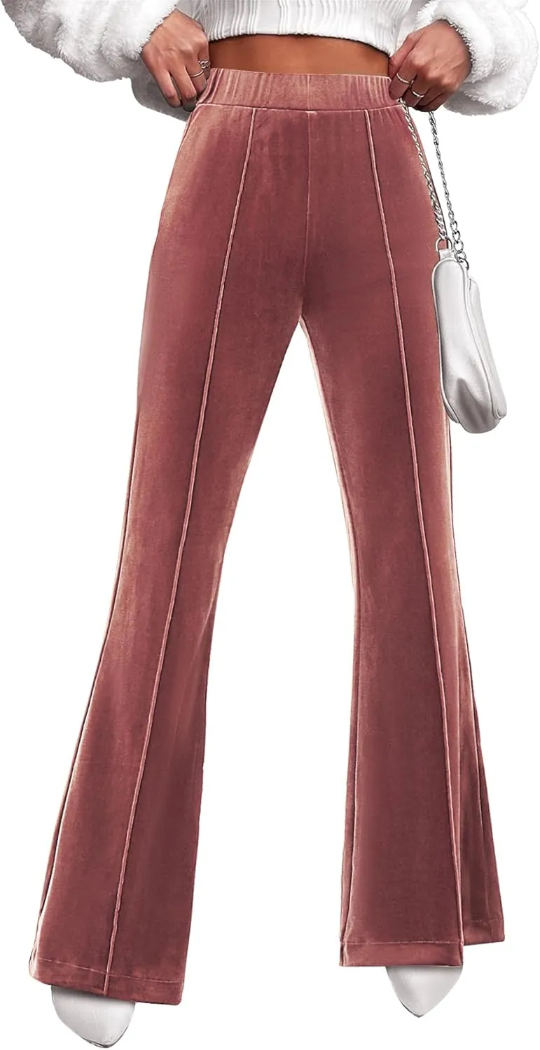 GRAPENT Flare Velvet Pants for Women High Waisted Wide Leg Stretch Elastic Waist Pull On Trousers Front Seam Slacks