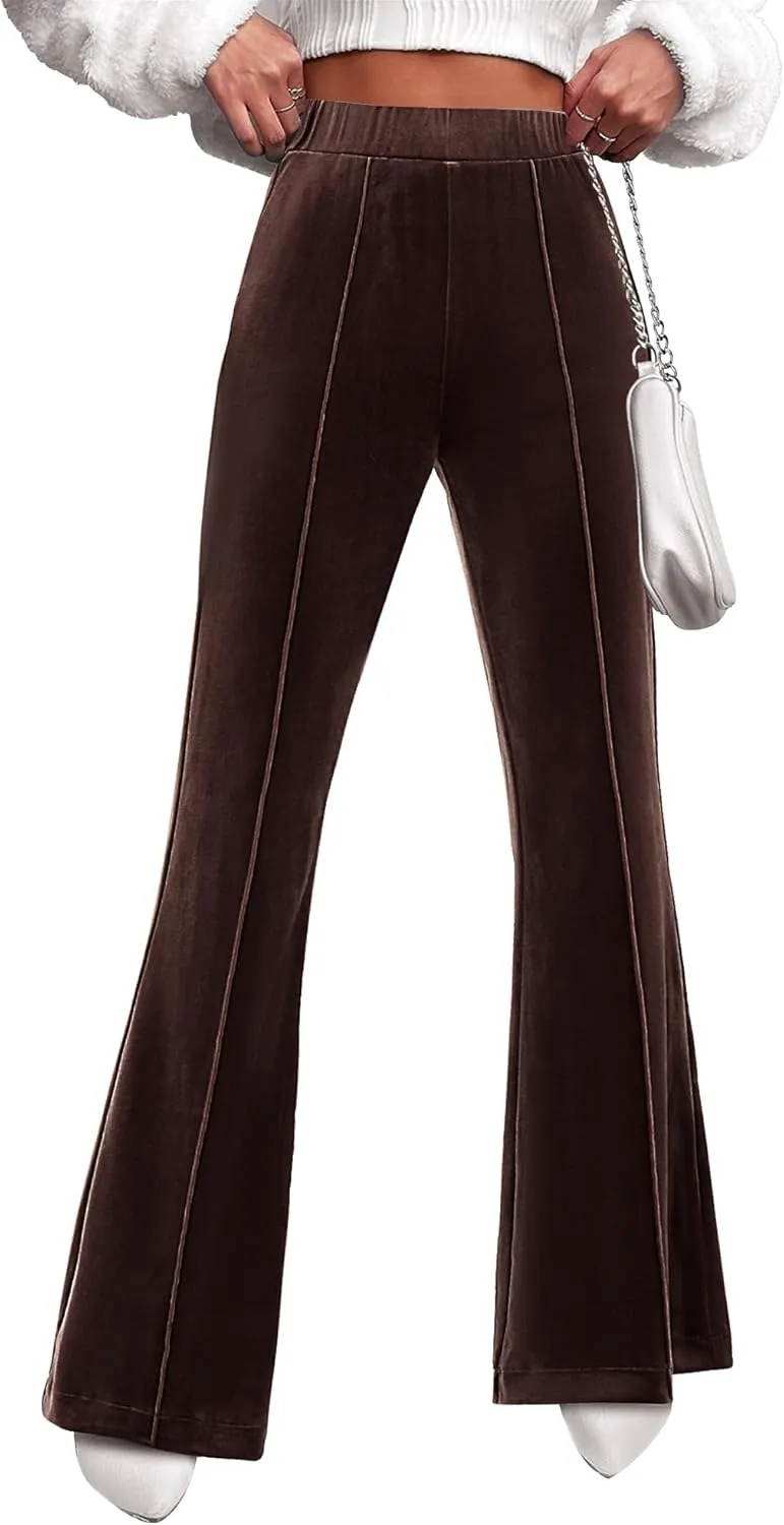 GRAPENT Flare Velvet Pants for Women High Waisted Wide Leg Stretch Elastic Waist Pull On Trousers Front Seam Slacks