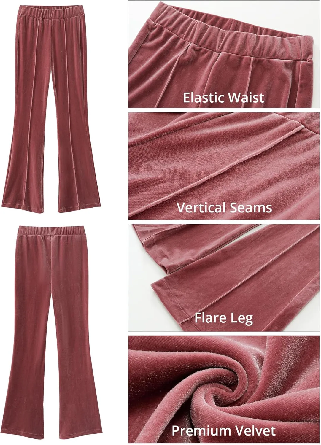 GRAPENT Flare Velvet Pants for Women High Waisted Wide Leg Stretch Elastic Waist Pull On Trousers Front Seam Slacks