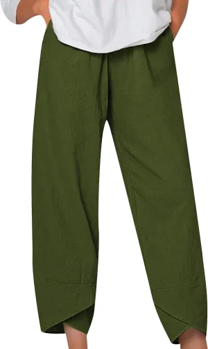 GRASWE Women Wide Leg High Waist Lounge Pants Cropped Solid Color Palazzo Trousers Loose Cotton Linen with Pockets Pants