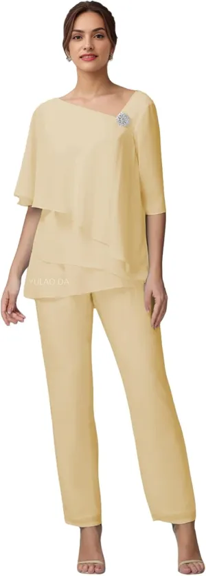 Half Sleeve Mother of The Bride Pant Suits for Women Dressy 2 pcs Tiered Formal Pantsuits for Wedding Guest 2025