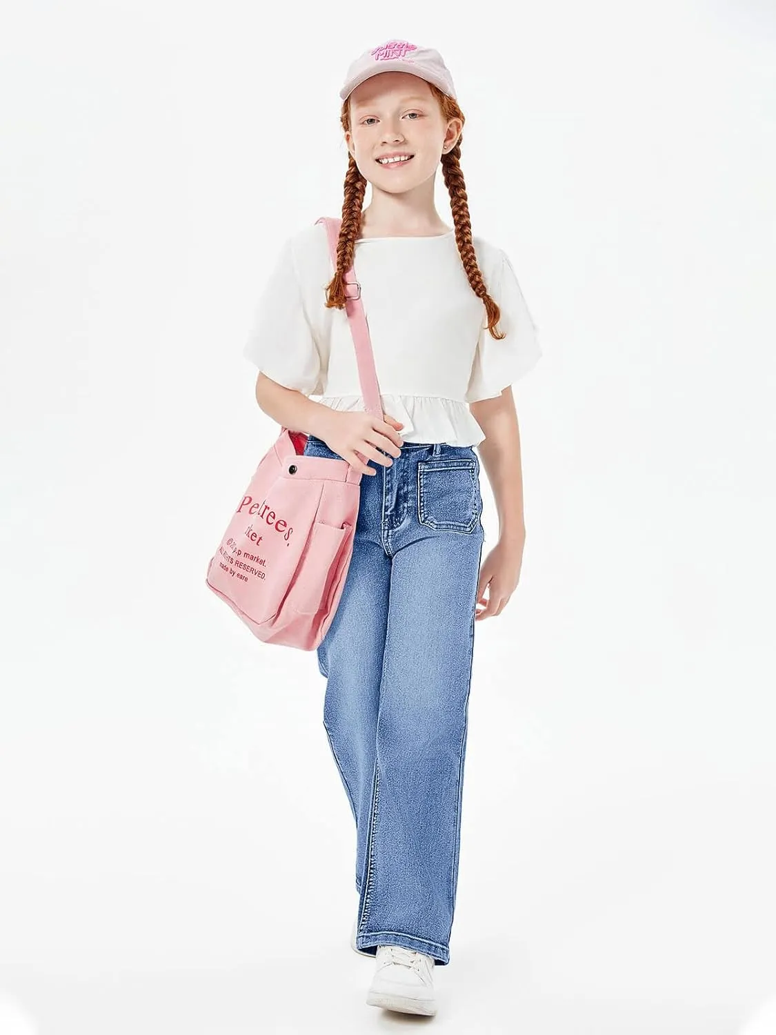 Haloumoning Girls High Waisted Jeans Straight Leg Stretch Demin Pants Cute Casual Trousers with Pockets