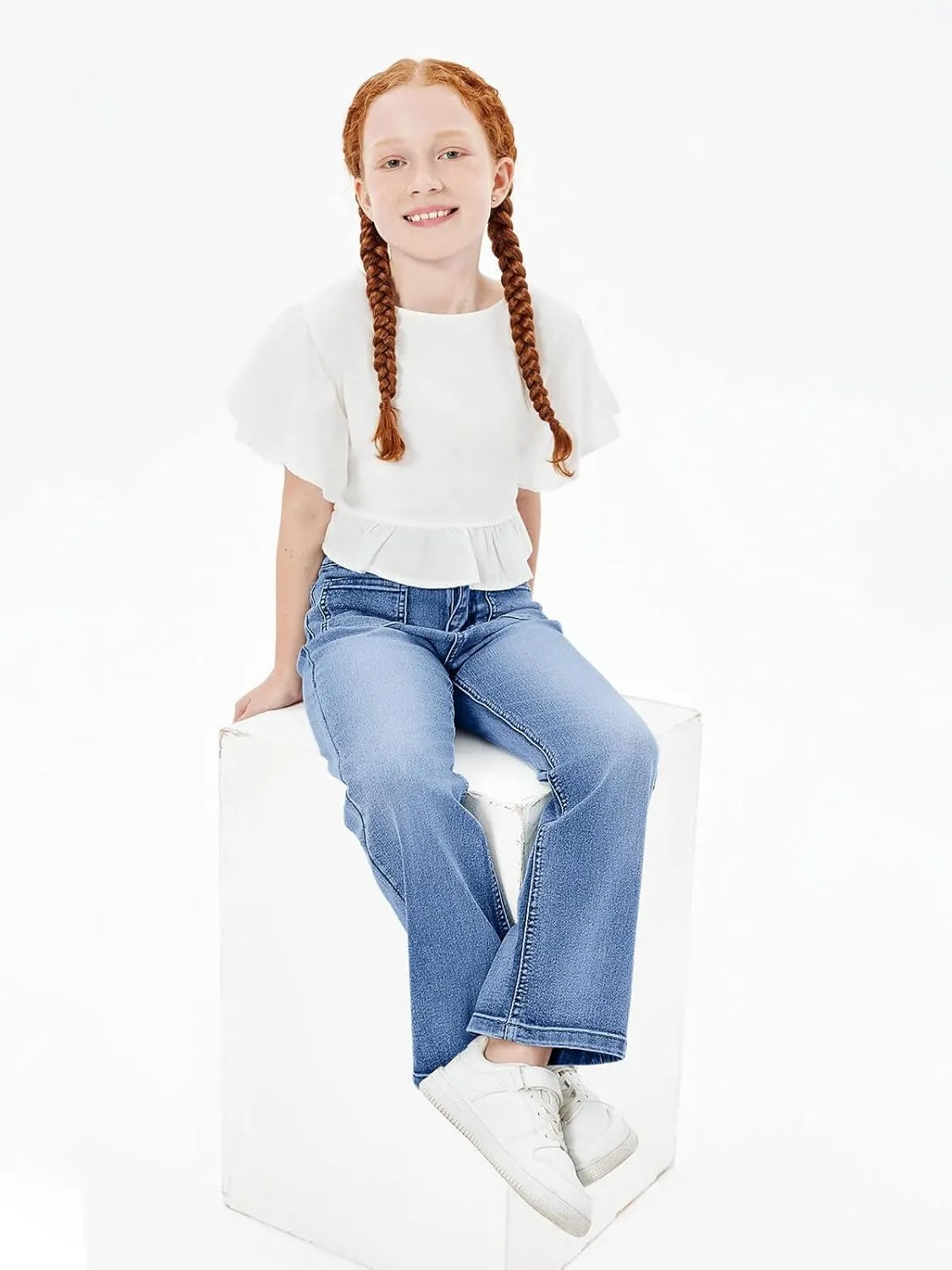 Haloumoning Girls High Waisted Jeans Straight Leg Stretch Demin Pants Cute Casual Trousers with Pockets