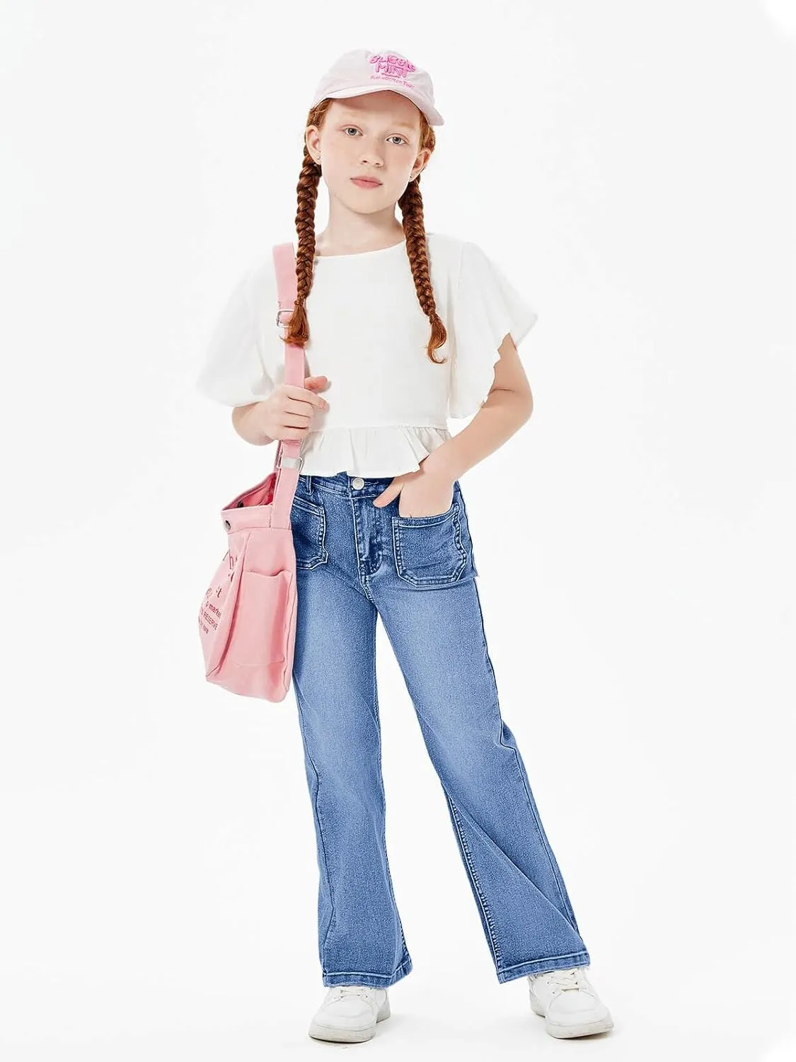 Haloumoning Girls High Waisted Jeans Straight Leg Stretch Demin Pants Cute Casual Trousers with Pockets