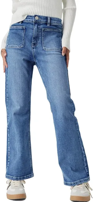 Haloumoning Girls High Waisted Jeans Straight Leg Stretch Demin Pants Cute Casual Trousers with Pockets