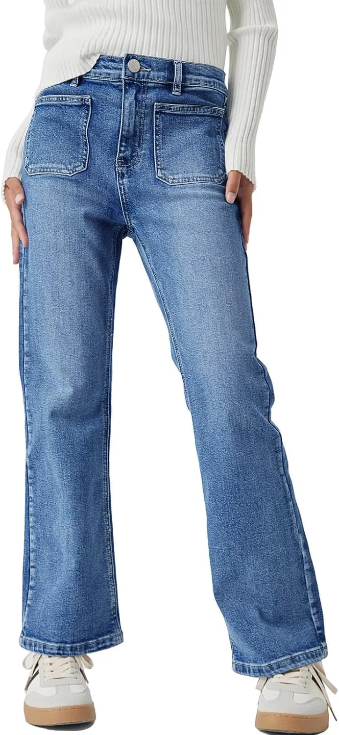 Haloumoning Girls High Waisted Jeans Straight Leg Stretch Demin Pants Cute Casual Trousers with Pockets