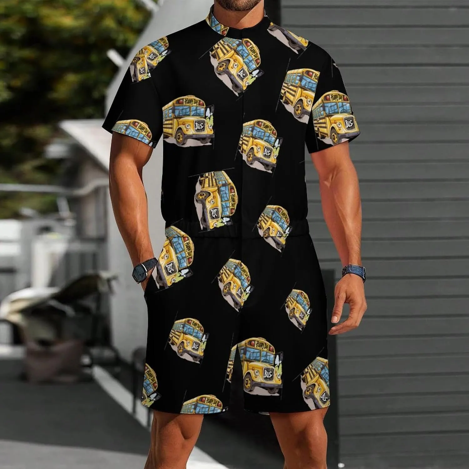 Happy Day School Bus Mens Short Sleeve Rompers Printed Slim Fit One Piece Jumpsuit with Pocket