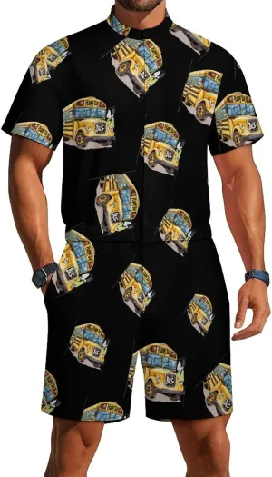 Happy Day School Bus Mens Short Sleeve Rompers Printed Slim Fit One Piece Jumpsuit with Pocket