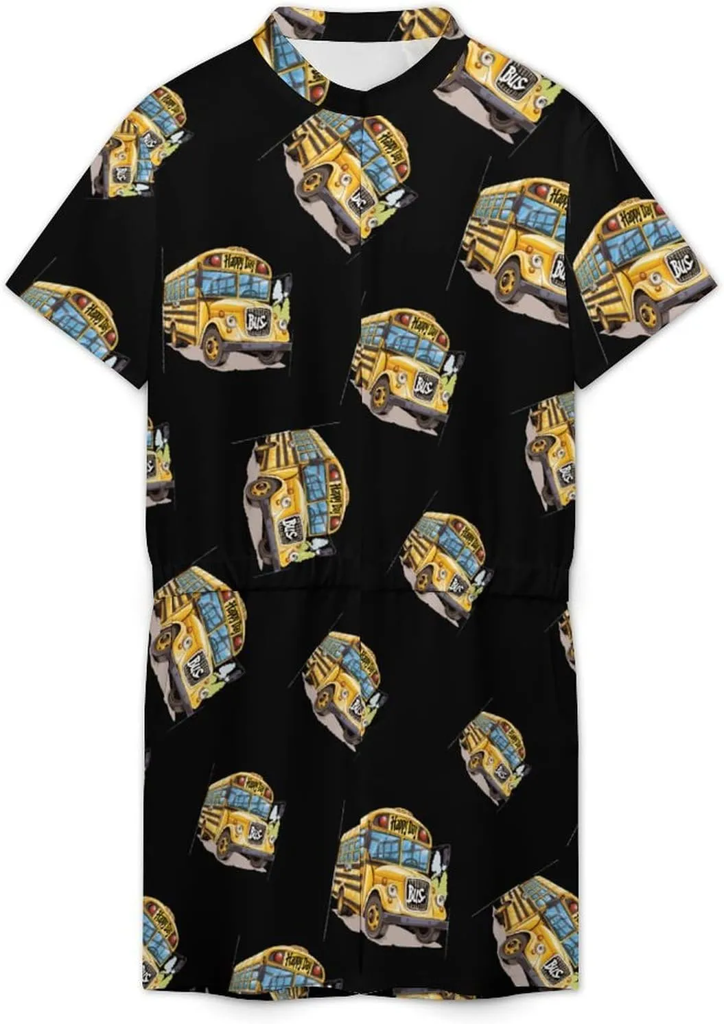 Happy Day School Bus Mens Short Sleeve Rompers Printed Slim Fit One Piece Jumpsuit with Pocket
