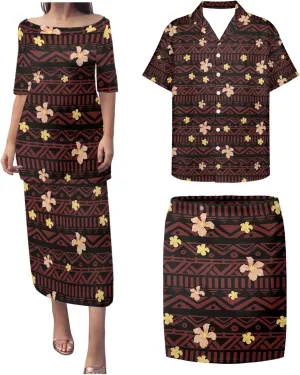 Hawaiian Dresses for Couples Polynesian Puletasi Samoan Traditional Dress with Shirt Pareo Sarong Lavalava Set