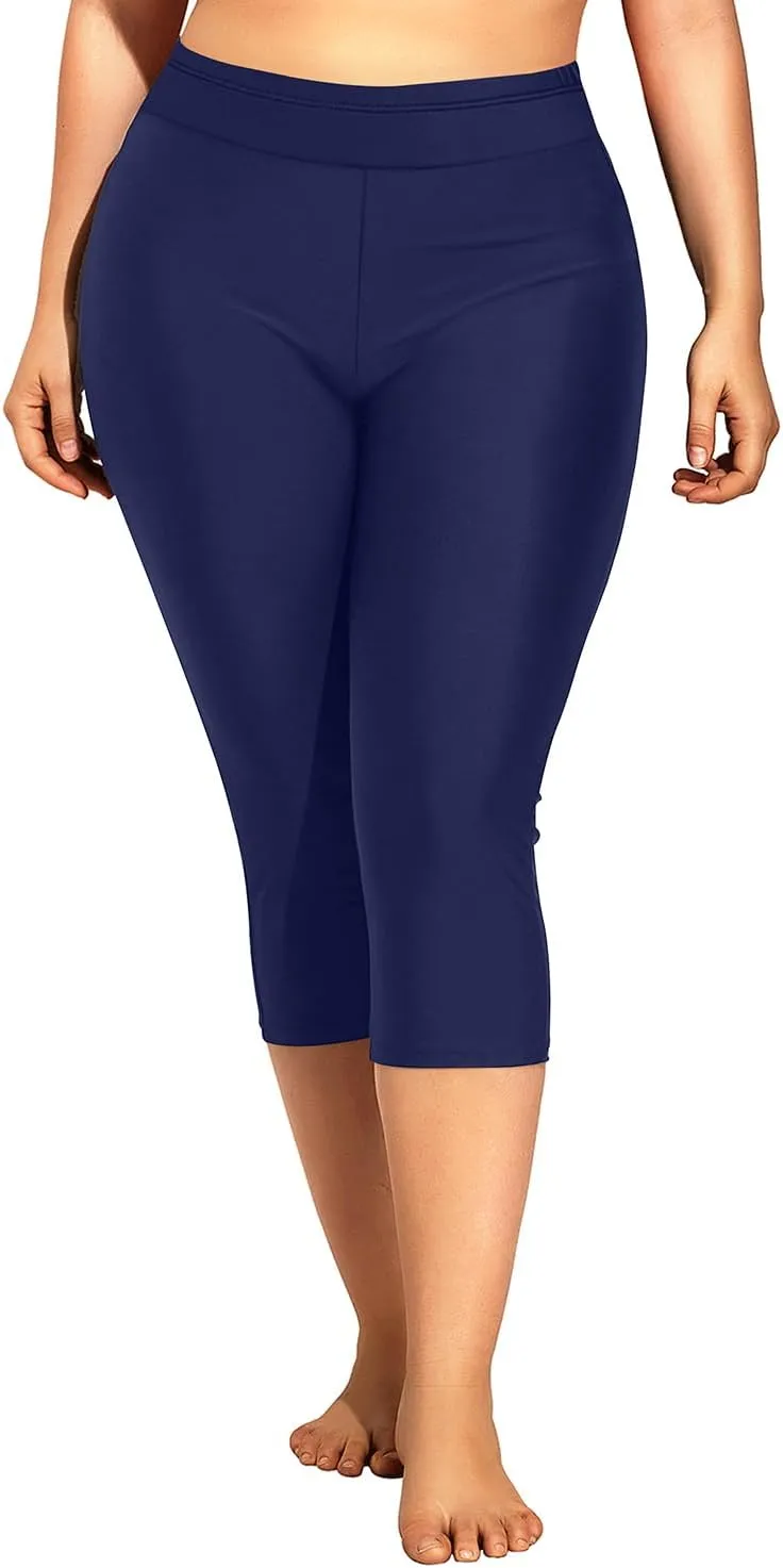Holipick Plus Size Swim Pants for Women Swim Capris High Waisted Swim Leggings UPF 50  Long Swim Shorts