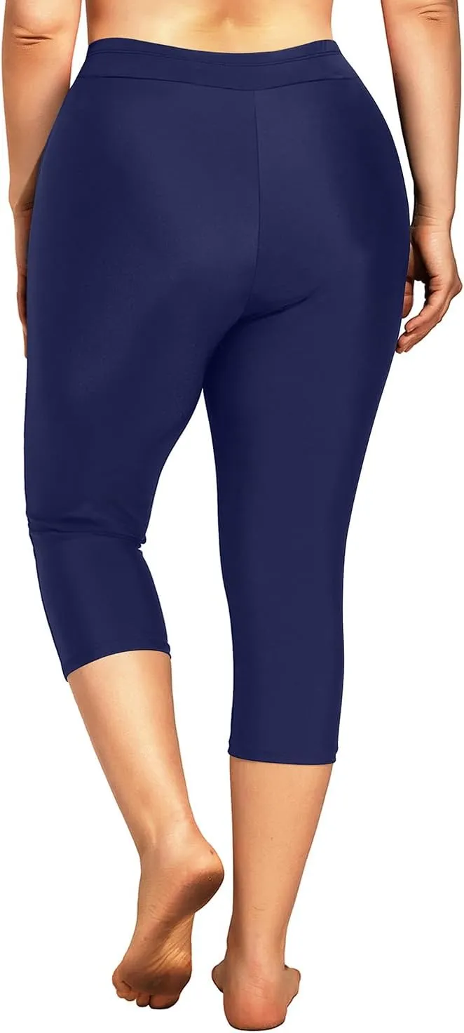 Holipick Plus Size Swim Pants for Women Swim Capris High Waisted Swim Leggings UPF 50  Long Swim Shorts