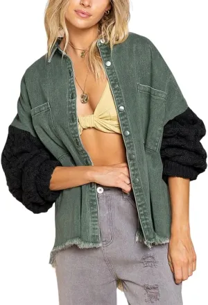 HOULENGS Women's Sweater Long Sleeve Denim Jacket Frayed Button Down Jean Coat with Pockets