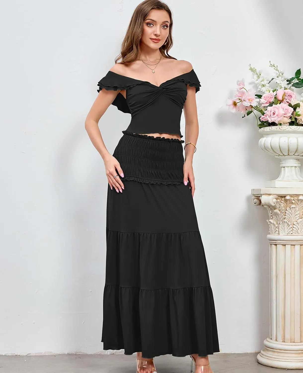 HTZMO Women's Two Piece Skirt Set Off Shoulder Crop Top Casual Flowy Maxi Long Dress for 2024 Summer Beach Outfits