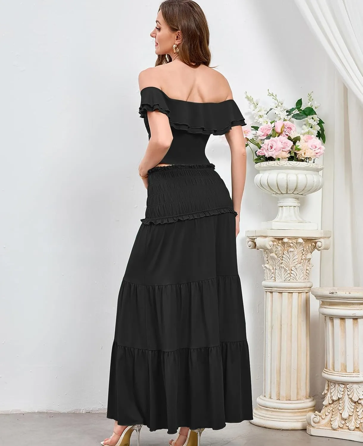 HTZMO Women's Two Piece Skirt Set Off Shoulder Crop Top Casual Flowy Maxi Long Dress for 2024 Summer Beach Outfits