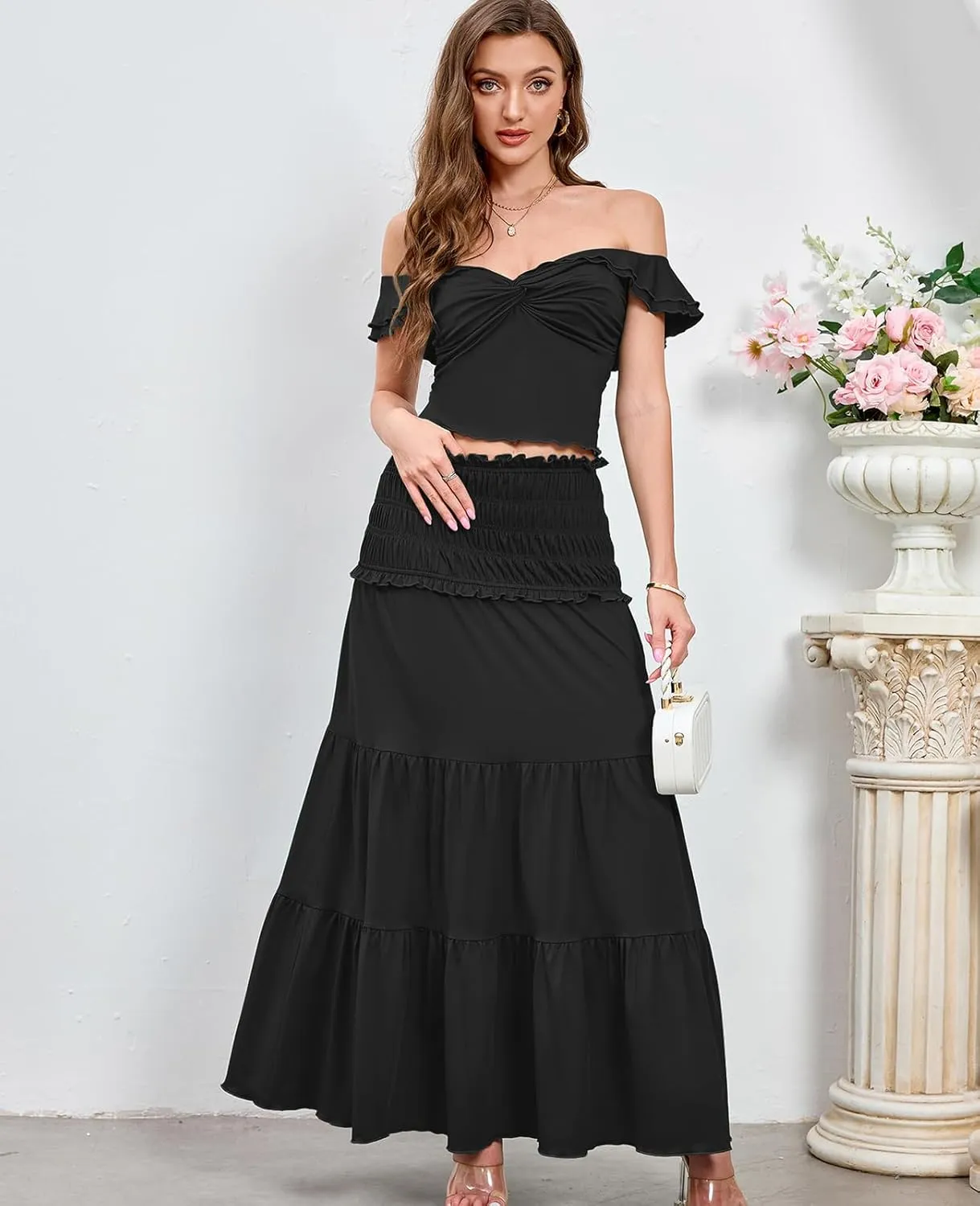 HTZMO Women's Two Piece Skirt Set Off Shoulder Crop Top Casual Flowy Maxi Long Dress for 2024 Summer Beach Outfits