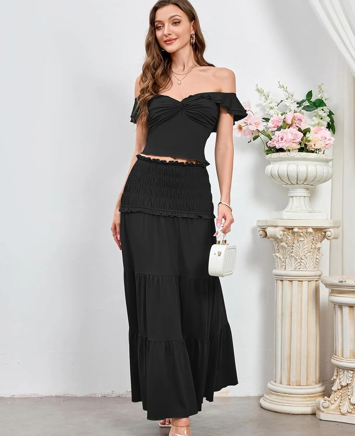 HTZMO Women's Two Piece Skirt Set Off Shoulder Crop Top Casual Flowy Maxi Long Dress for 2024 Summer Beach Outfits