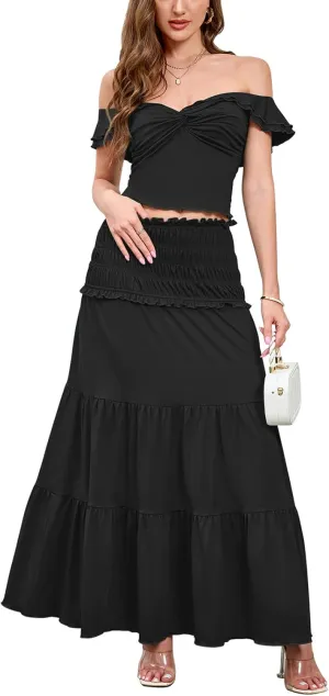 HTZMO Women's Two Piece Skirt Set Off Shoulder Crop Top Casual Flowy Maxi Long Dress for 2024 Summer Beach Outfits