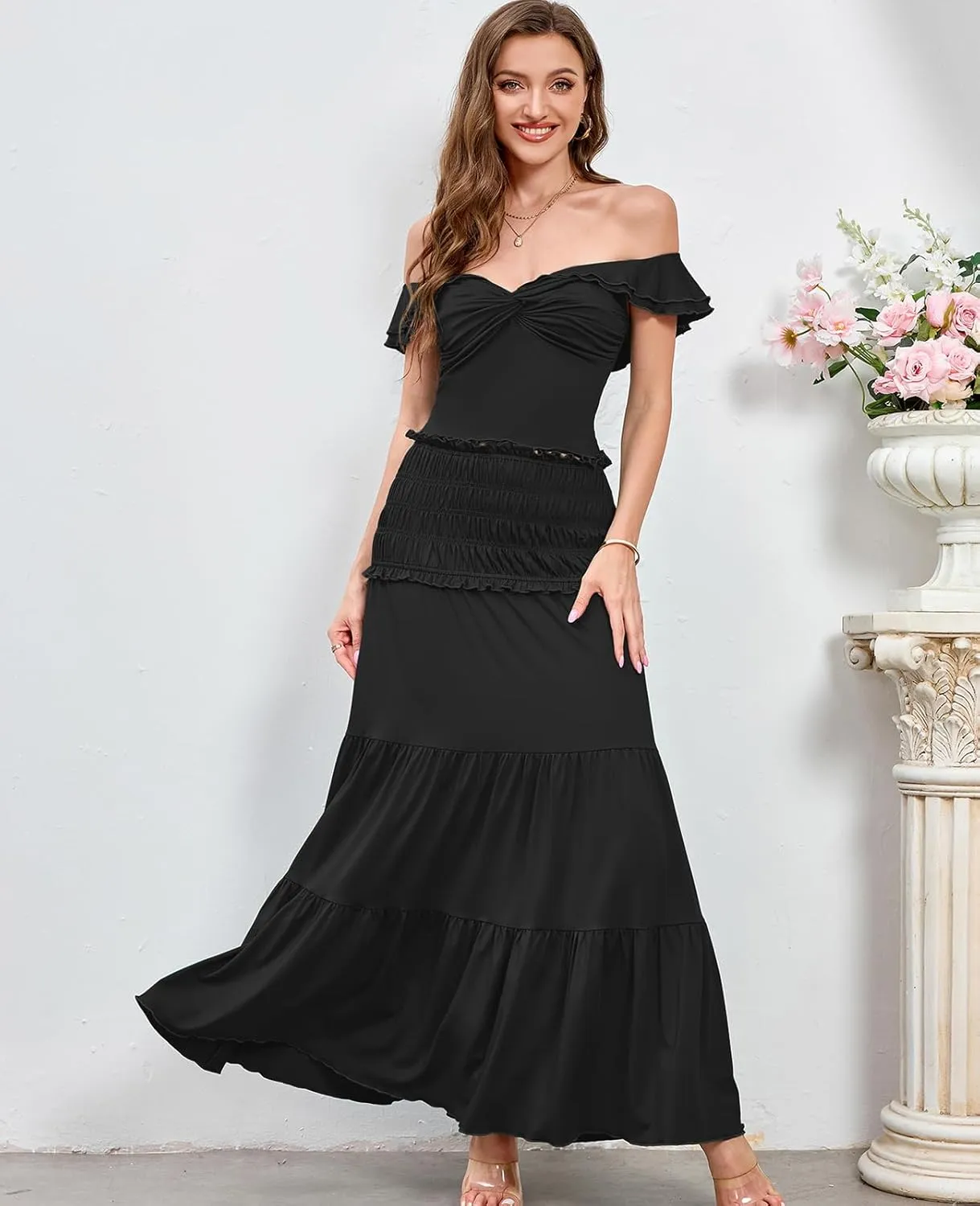 HTZMO Women's Two Piece Skirt Set Off Shoulder Crop Top Casual Flowy Maxi Long Dress for 2024 Summer Beach Outfits