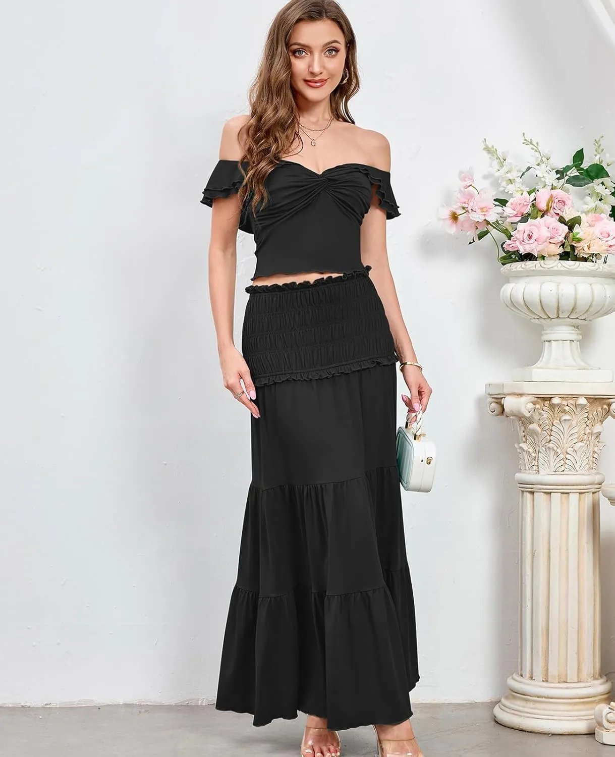 HTZMO Women's Two Piece Skirt Set Off Shoulder Crop Top Casual Flowy Maxi Long Dress for 2024 Summer Beach Outfits
