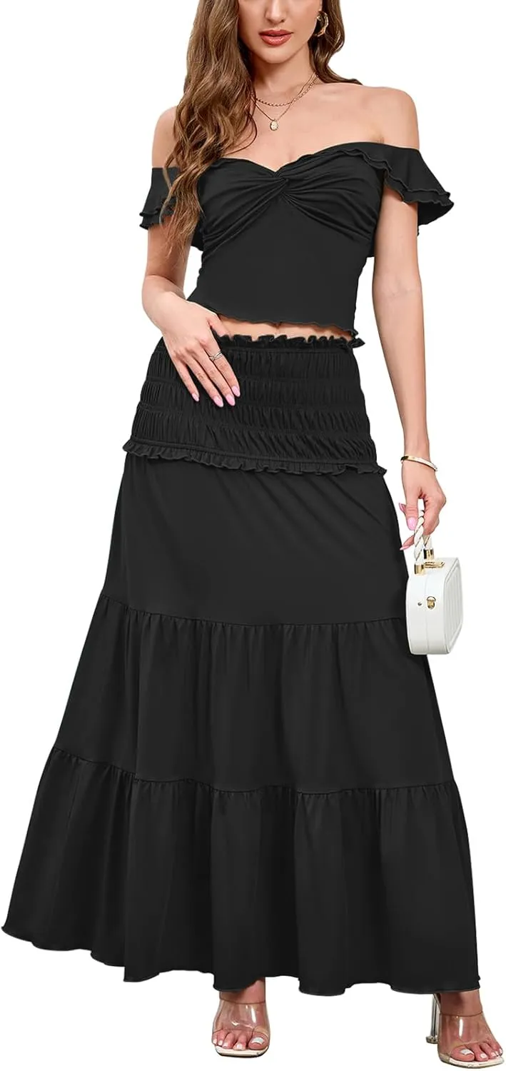 HTZMO Women's Two Piece Skirt Set Off Shoulder Crop Top Casual Flowy Maxi Long Dress for 2024 Summer Beach Outfits