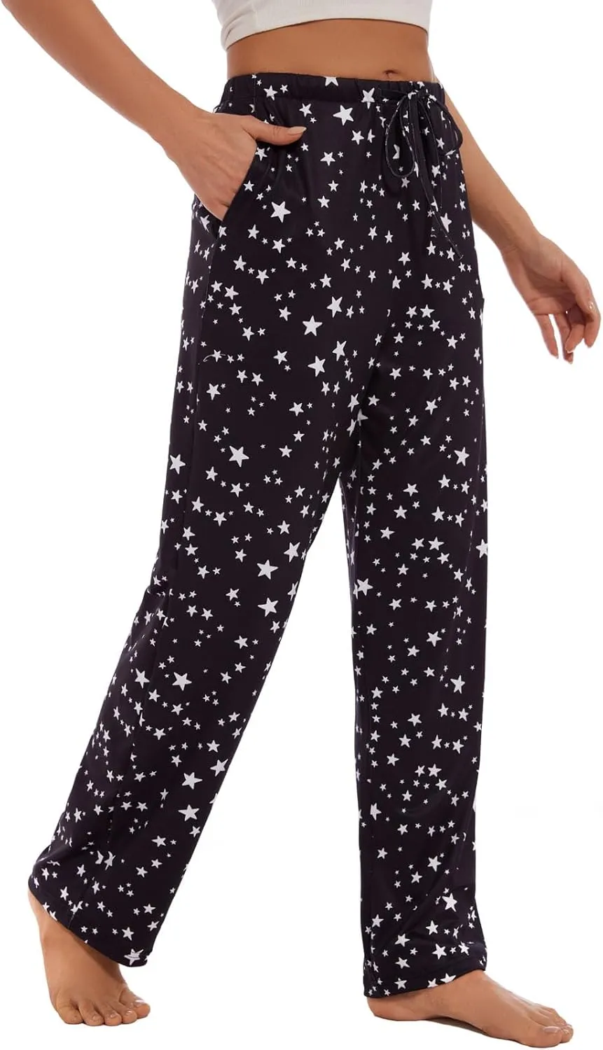 iniber Comfy Pajama Pants for Women Stretch Drawstring Lounge Pants with Pockets Casual Wide Leg Pjs Bottoms