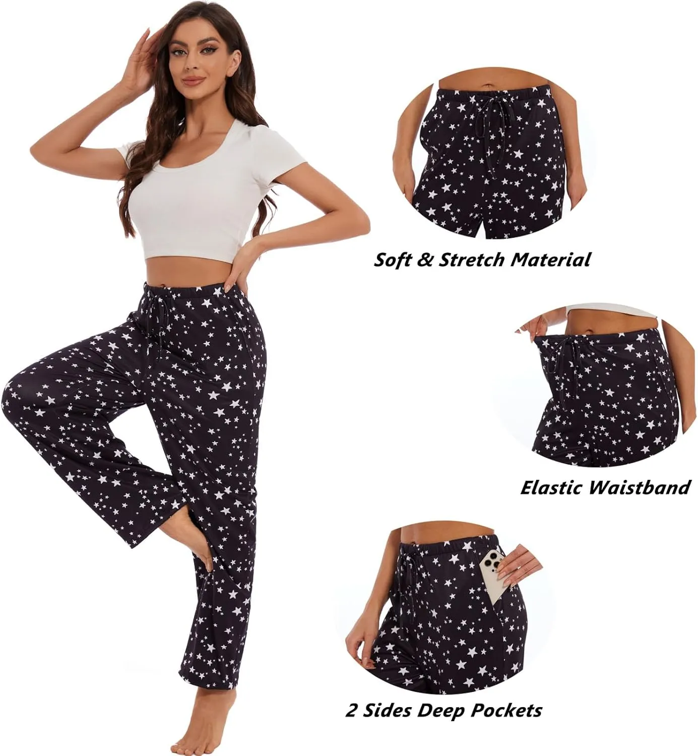 iniber Comfy Pajama Pants for Women Stretch Drawstring Lounge Pants with Pockets Casual Wide Leg Pjs Bottoms
