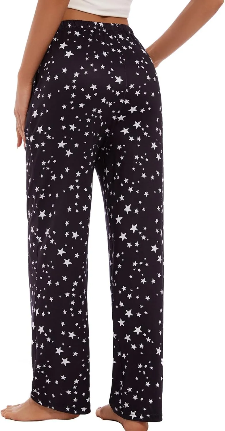 iniber Comfy Pajama Pants for Women Stretch Drawstring Lounge Pants with Pockets Casual Wide Leg Pjs Bottoms