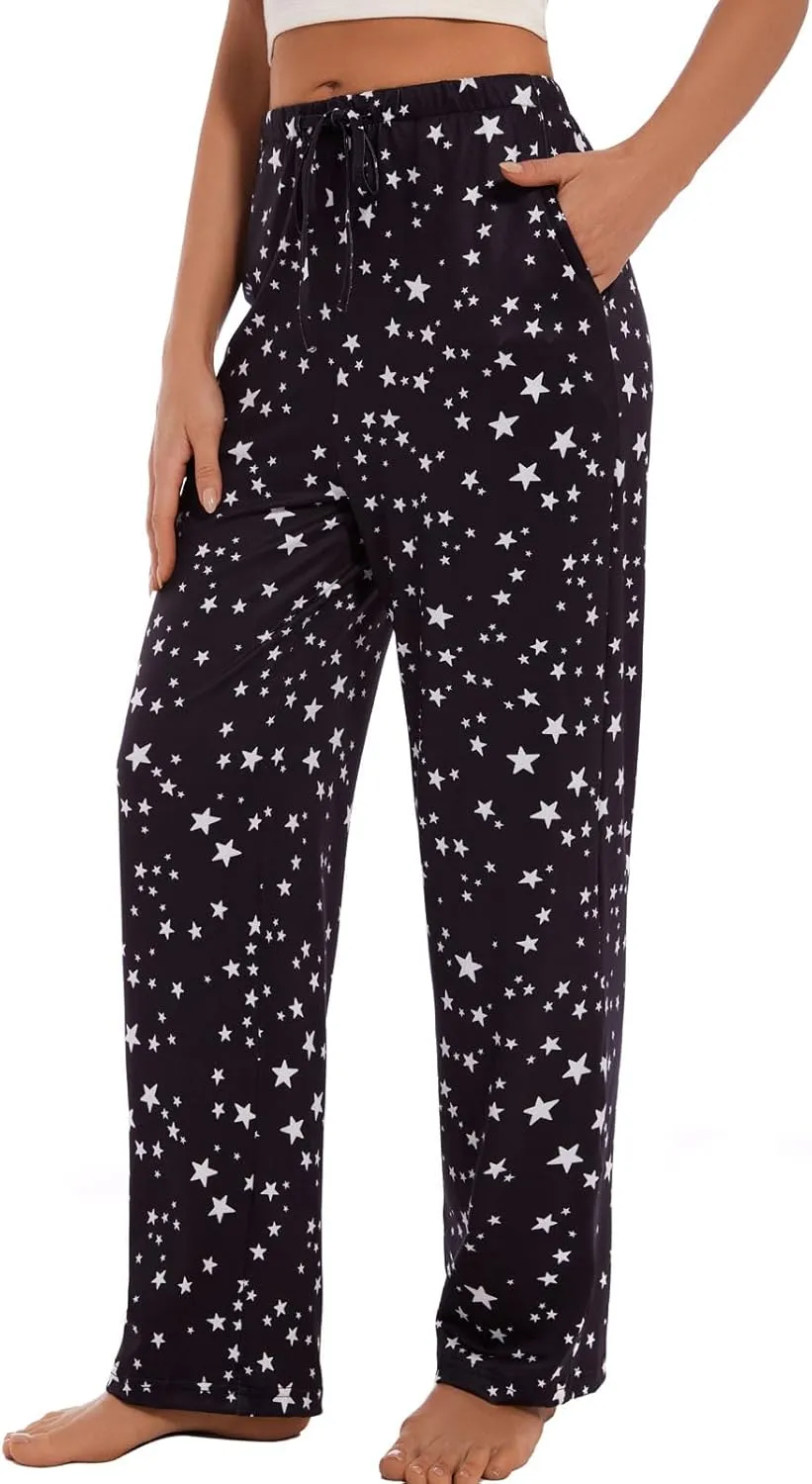 iniber Comfy Pajama Pants for Women Stretch Drawstring Lounge Pants with Pockets Casual Wide Leg Pjs Bottoms
