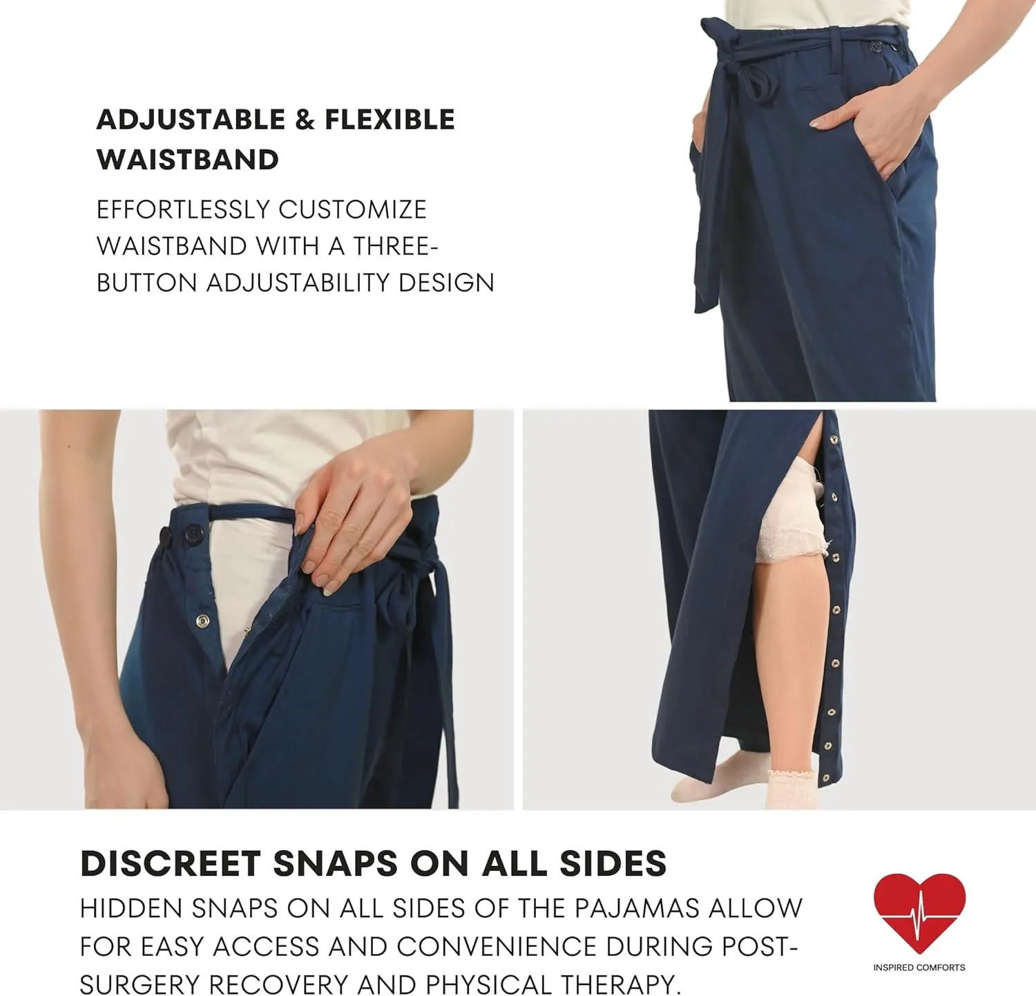 Inspired Comforts Women Tearaway Post Surgery Recovery Pajama Pants with Side Snaps & Pockets