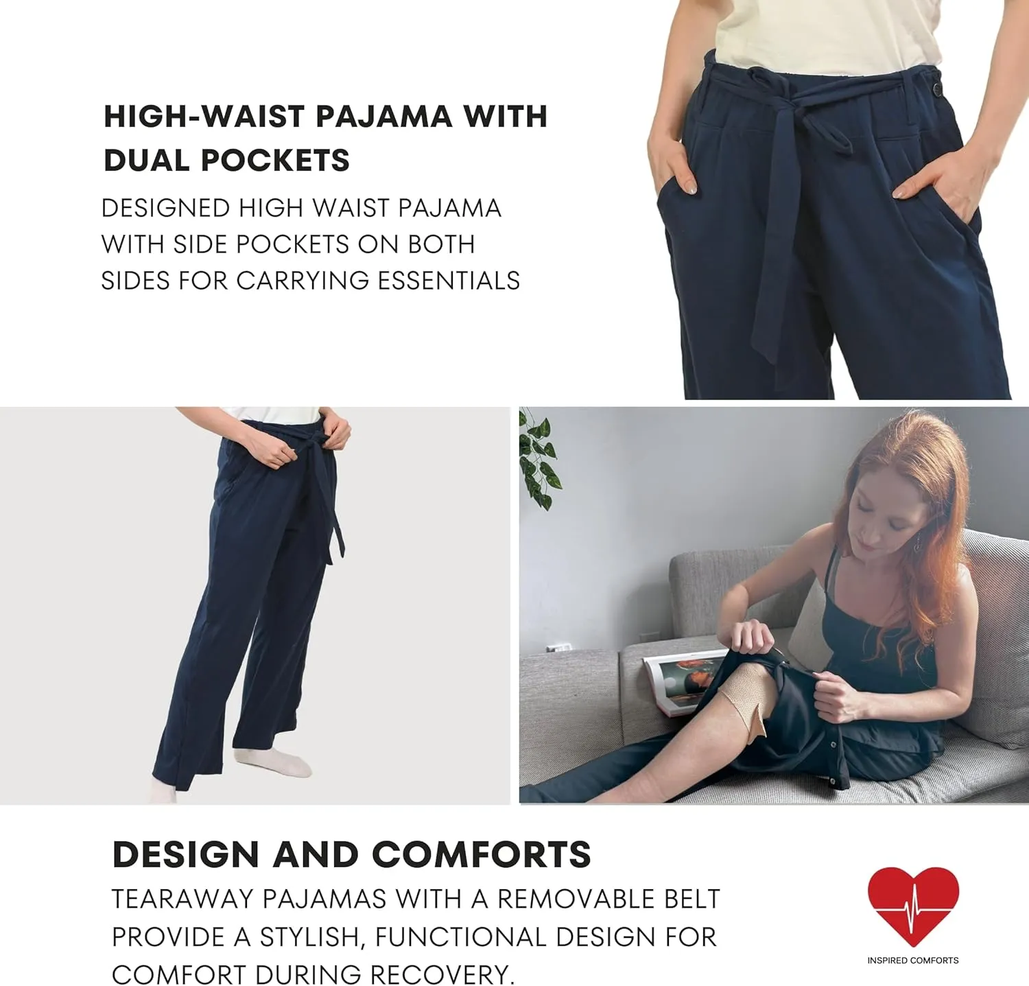 Inspired Comforts Women Tearaway Post Surgery Recovery Pajama Pants with Side Snaps & Pockets