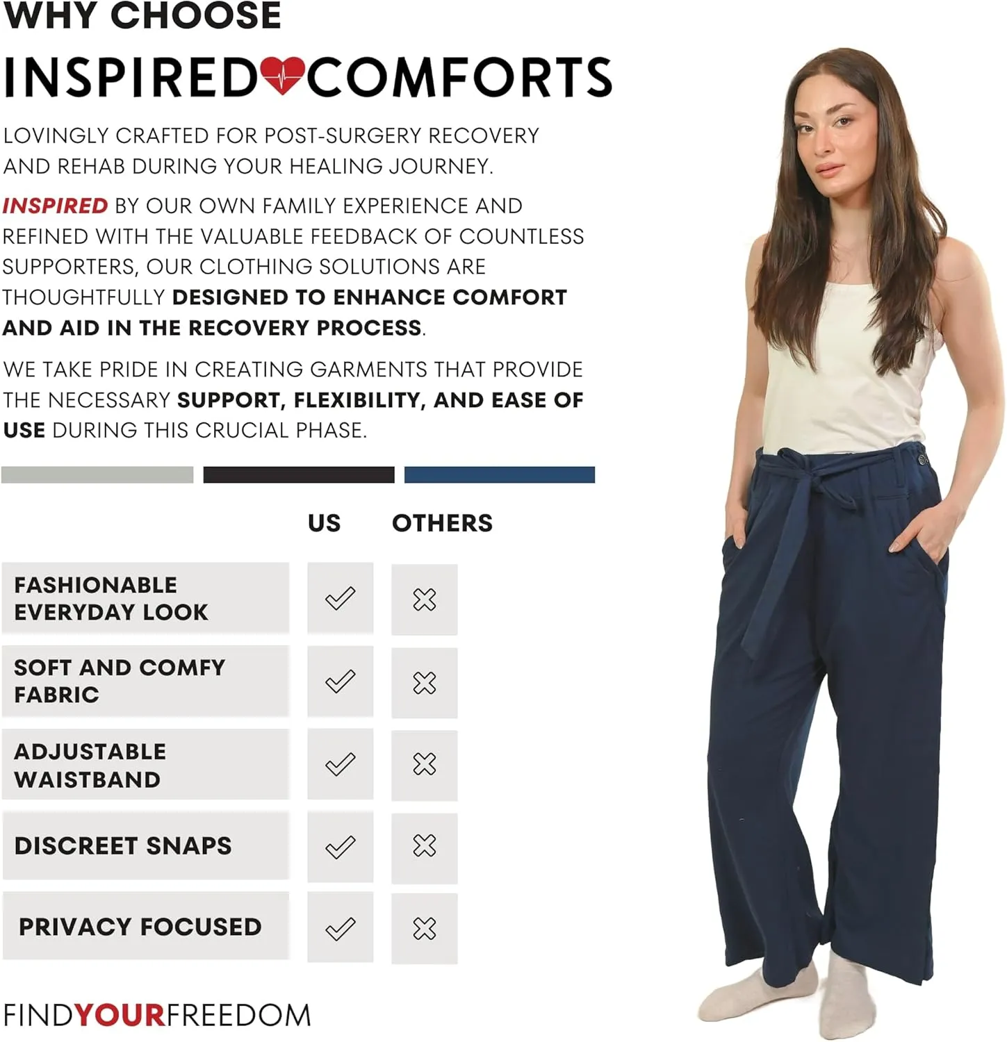 Inspired Comforts Women Tearaway Post Surgery Recovery Pajama Pants with Side Snaps & Pockets