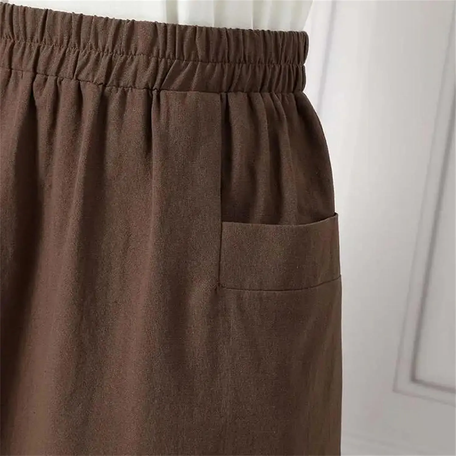 Jegsnoe Women Cotton A-Line Elastic Waist Midi Skirt Summer Solid Mid-Calf Casual Skirt
