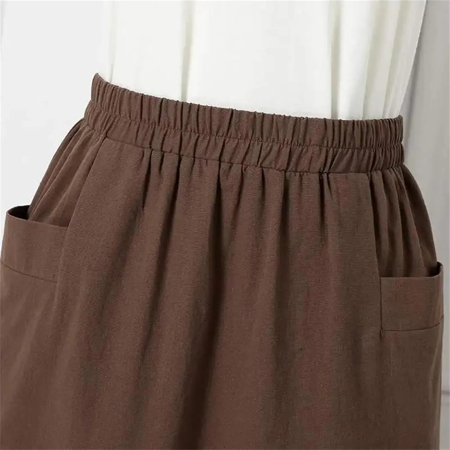 Jegsnoe Women Cotton A-Line Elastic Waist Midi Skirt Summer Solid Mid-Calf Casual Skirt
